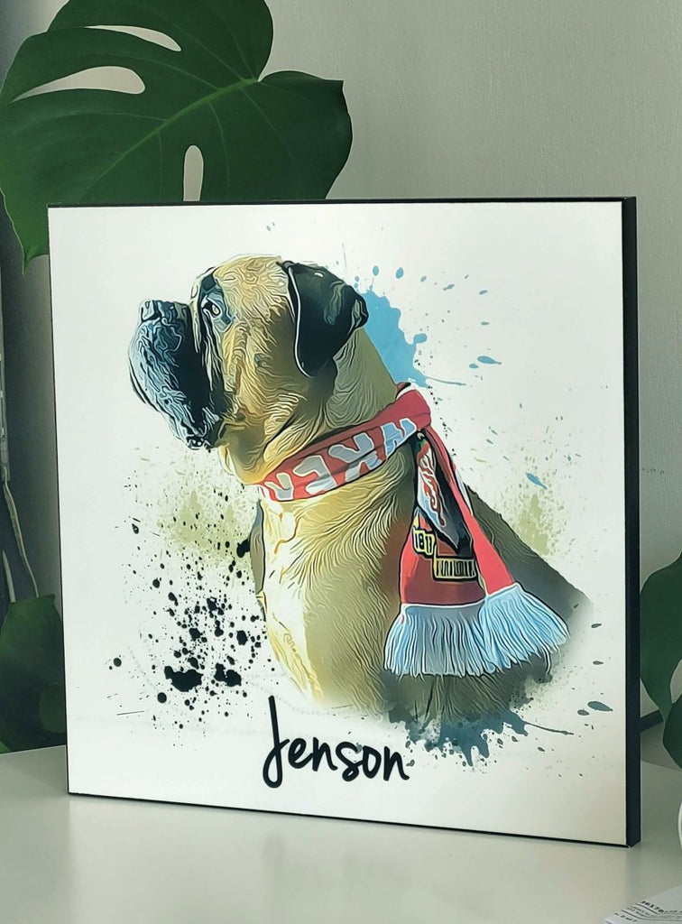 Personalized pet portrait glossy wooden photo panel, 29.5cm x 29.5cm, custom design with text.