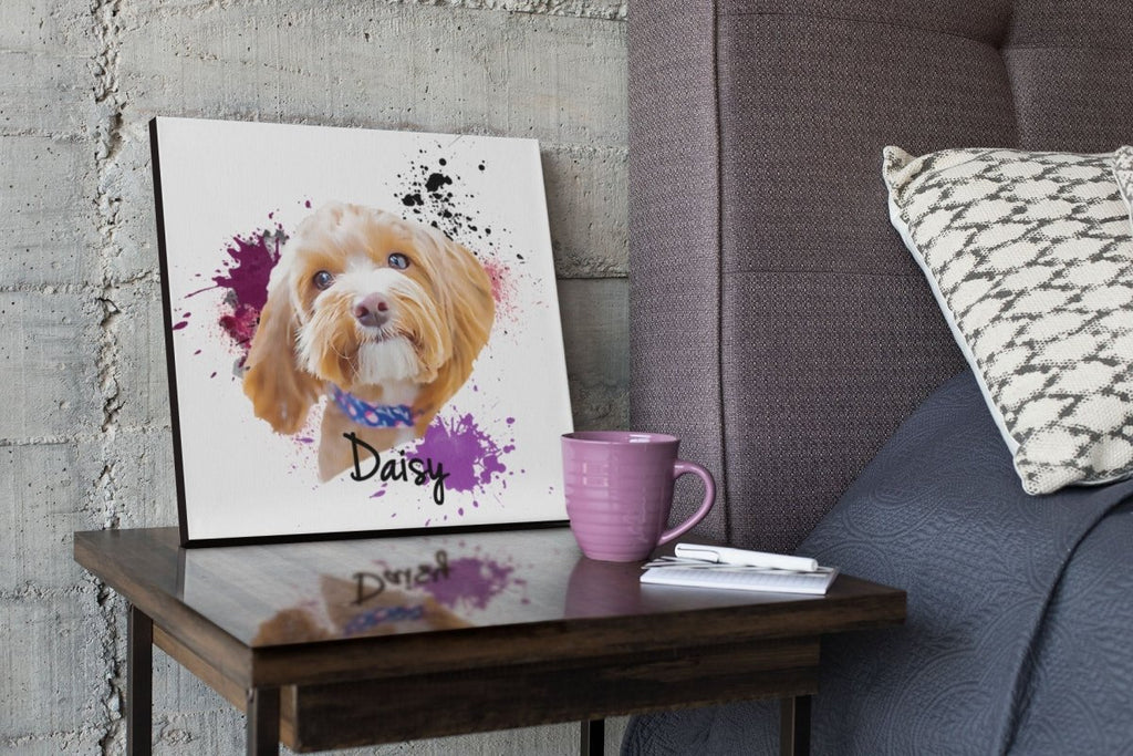 Personalized pet portrait glossy wooden photo panel, 29.5cm x 29.5cm, custom design with text.