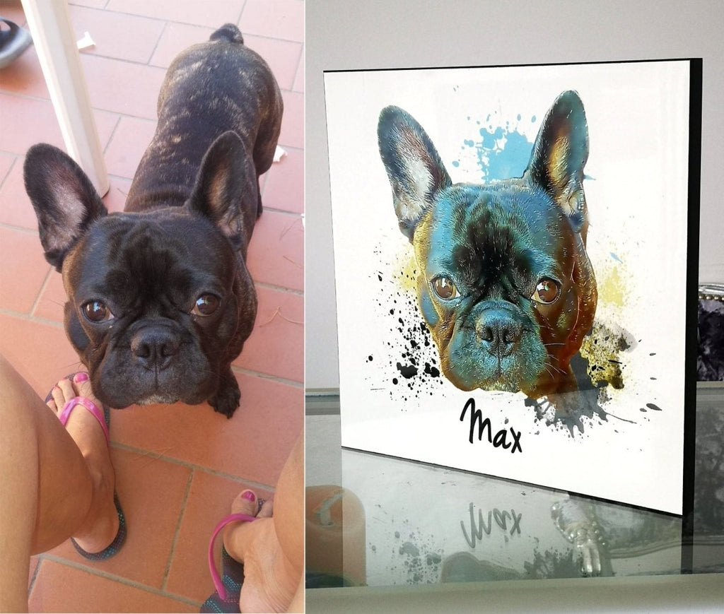 Personalized pet portrait glossy wooden photo panel, 29.5cm x 29.5cm, custom design with text.