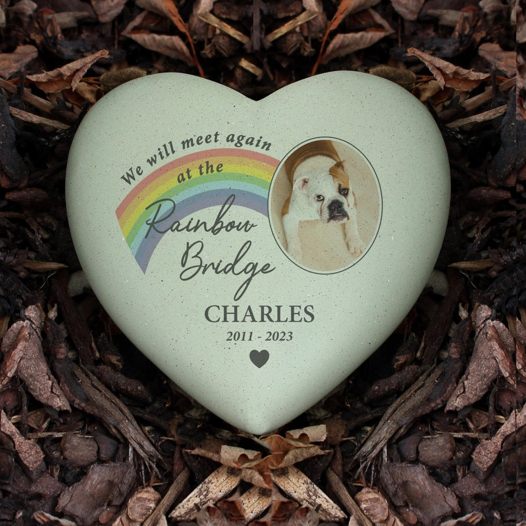 Personalised Pet Rainbow Photo Upload Memorial Resin Heart - Engraved Memories