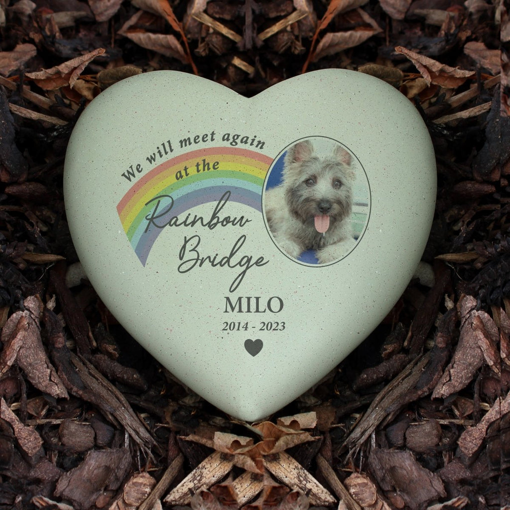 Personalised Pet Rainbow Photo Upload Memorial Resin Heart - Engraved Memories