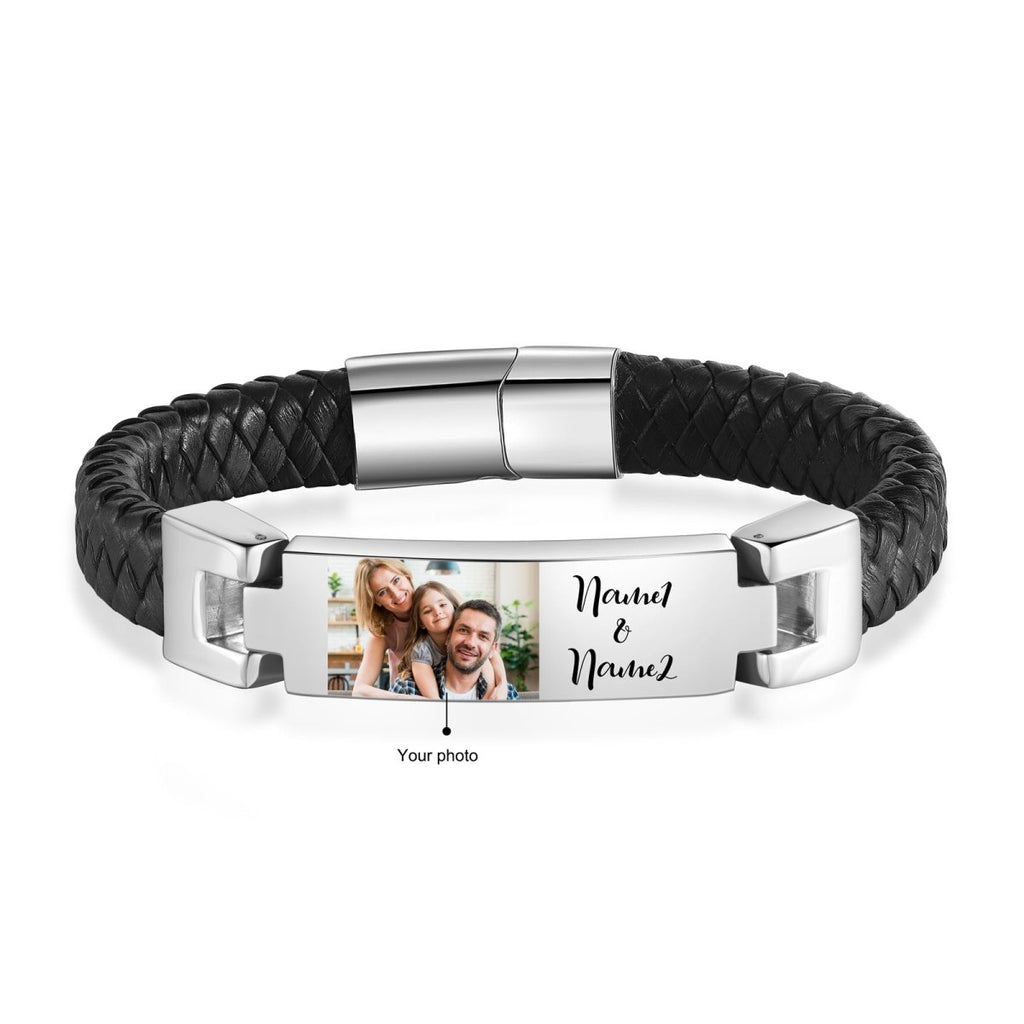 Personalised Photo and Names, Leather and Steel Men's Bracelet - Engraved Memories