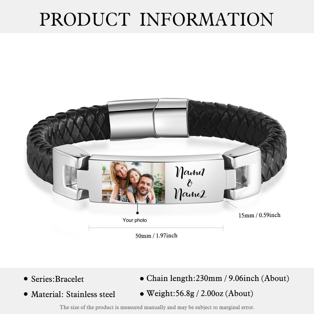 Personalised Photo and Names, Leather and Steel Men's Bracelet - Engraved Memories