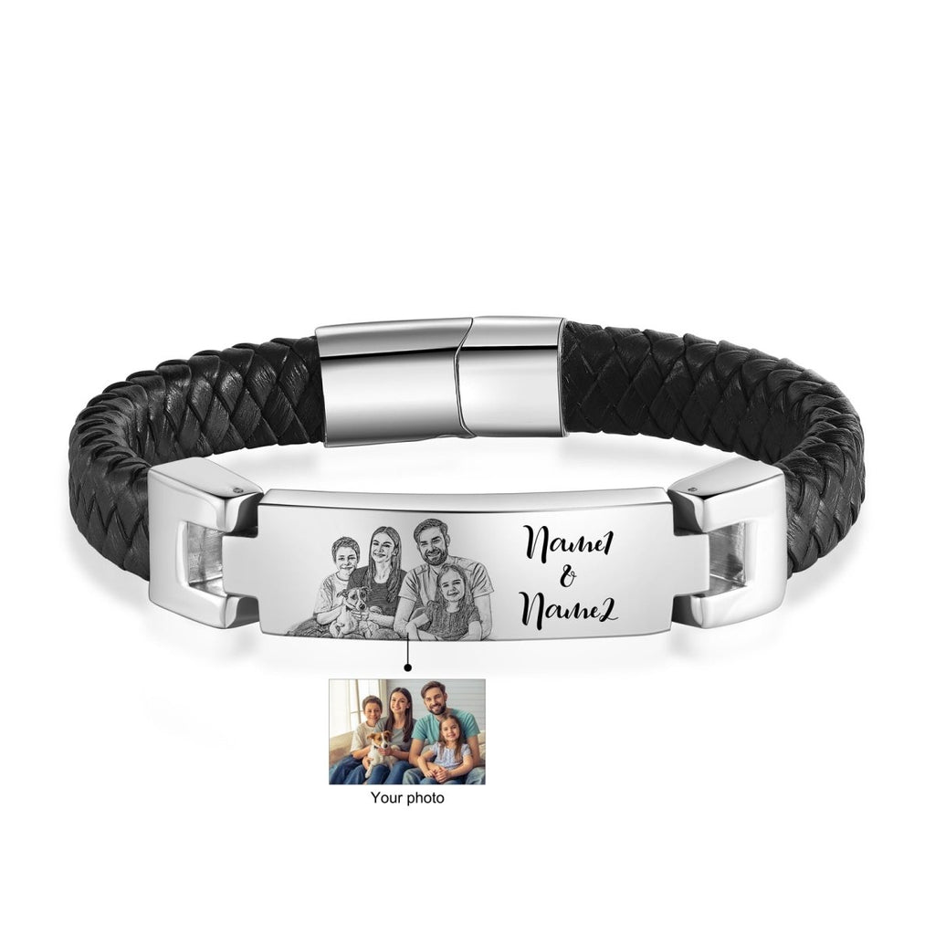 Personalised Photo and Names, Leather and Steel Men's Bracelet - Engraved Memories