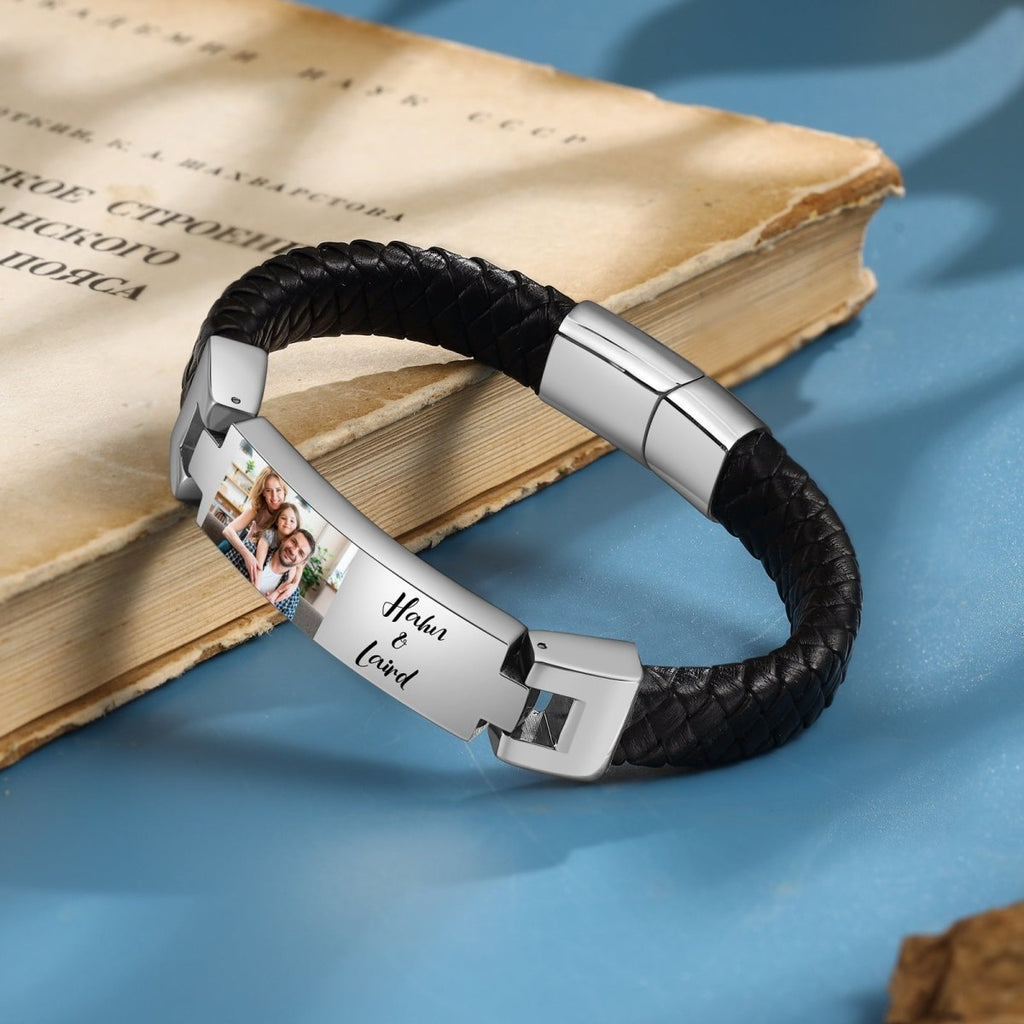 Personalised Photo and Names, Leather and Steel Men's Bracelet - Engraved Memories