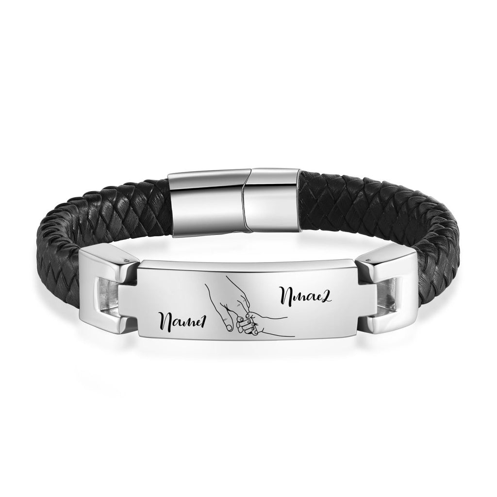 Personalised Photo and Names, Leather and Steel Men's Bracelet - Engraved Memories