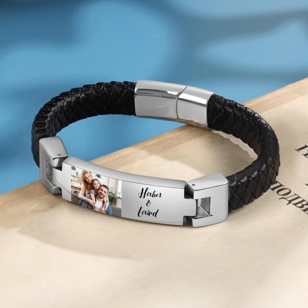 Personalised Photo and Names, Leather and Steel Men's Bracelet - Engraved Memories