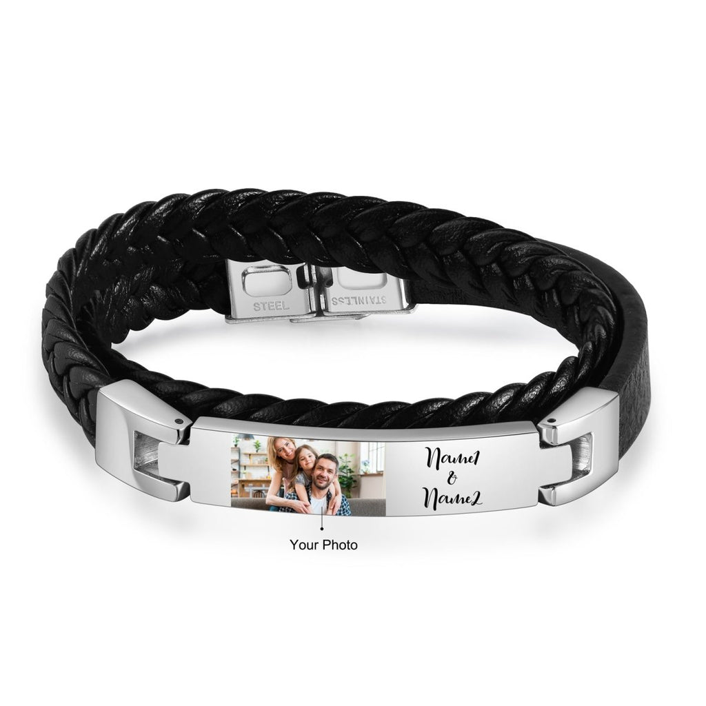 Personalised Photo Bracelet, Custom Black Leather Rope and Stainless Steel Men's Bracelet - Engraved Memories