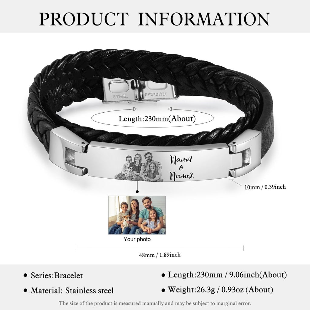 Personalised Photo Bracelet, Custom Black Leather Rope and Stainless Steel Men's Bracelet - Engraved Memories