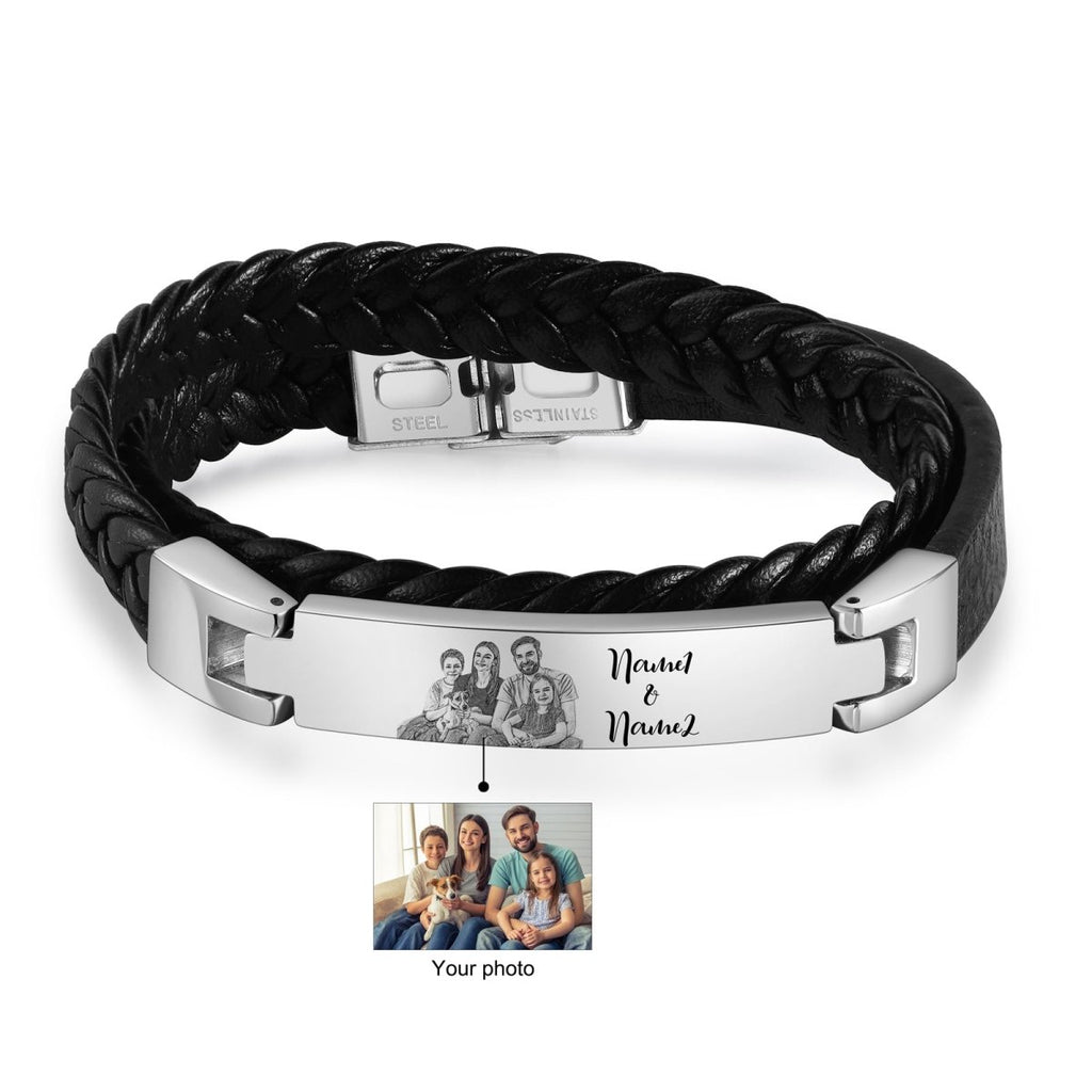 Personalised Photo Bracelet, Custom Black Leather Rope and Stainless Steel Men's Bracelet - Engraved Memories