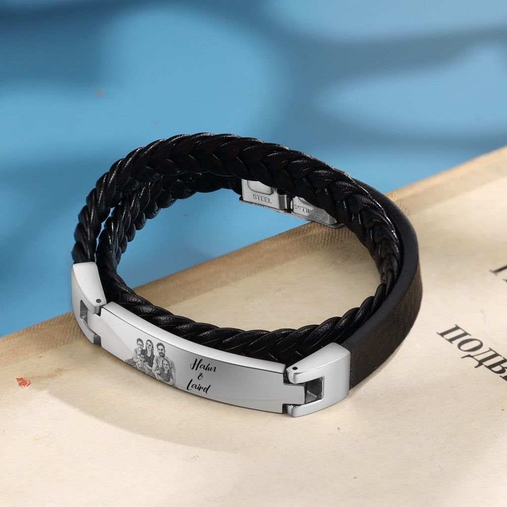 Personalised Photo Bracelet, Custom Black Leather Rope and Stainless Steel Men's Bracelet - Engraved Memories