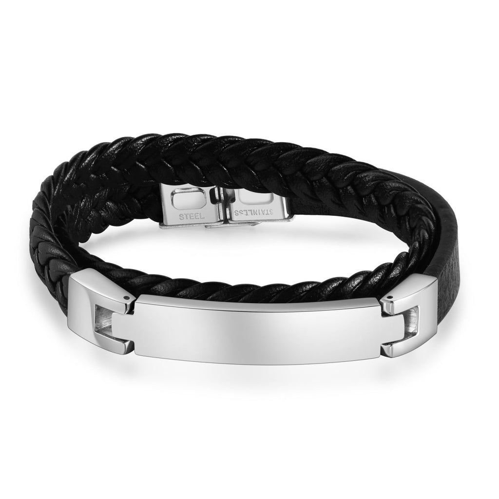 Personalised Photo Bracelet, Custom Black Leather Rope and Stainless Steel Men's Bracelet - Engraved Memories