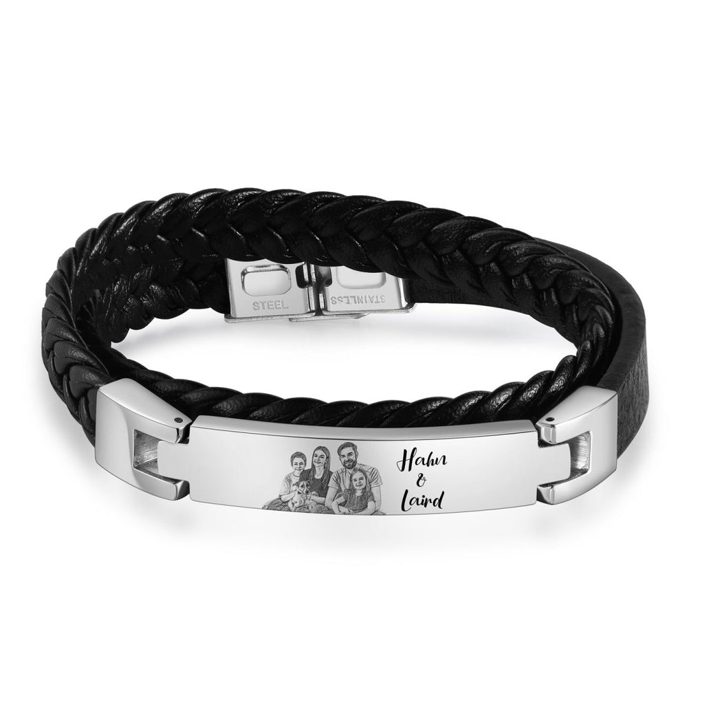 Personalised Photo Bracelet, Custom Black Leather Rope and Stainless Steel Men's Bracelet - Engraved Memories