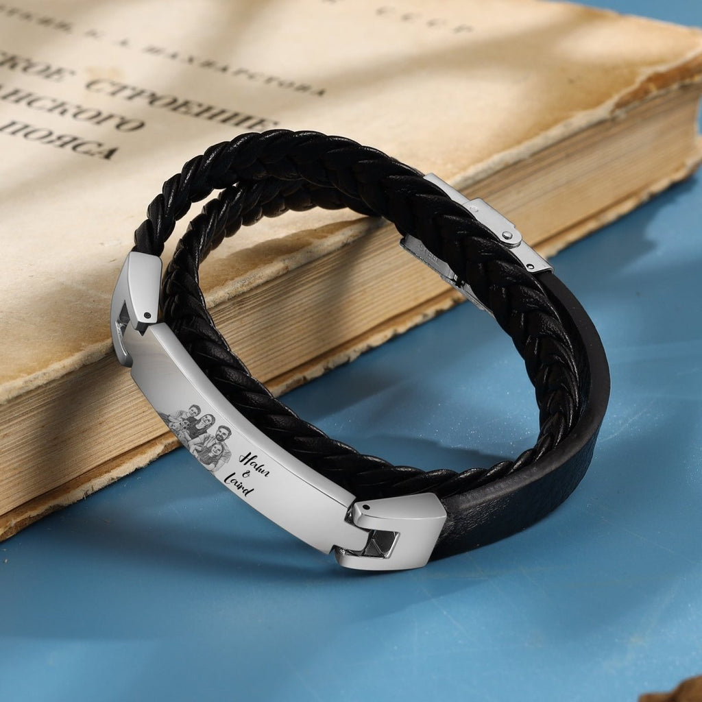 Personalised Photo Bracelet, Custom Black Leather Rope and Stainless Steel Men's Bracelet - Engraved Memories