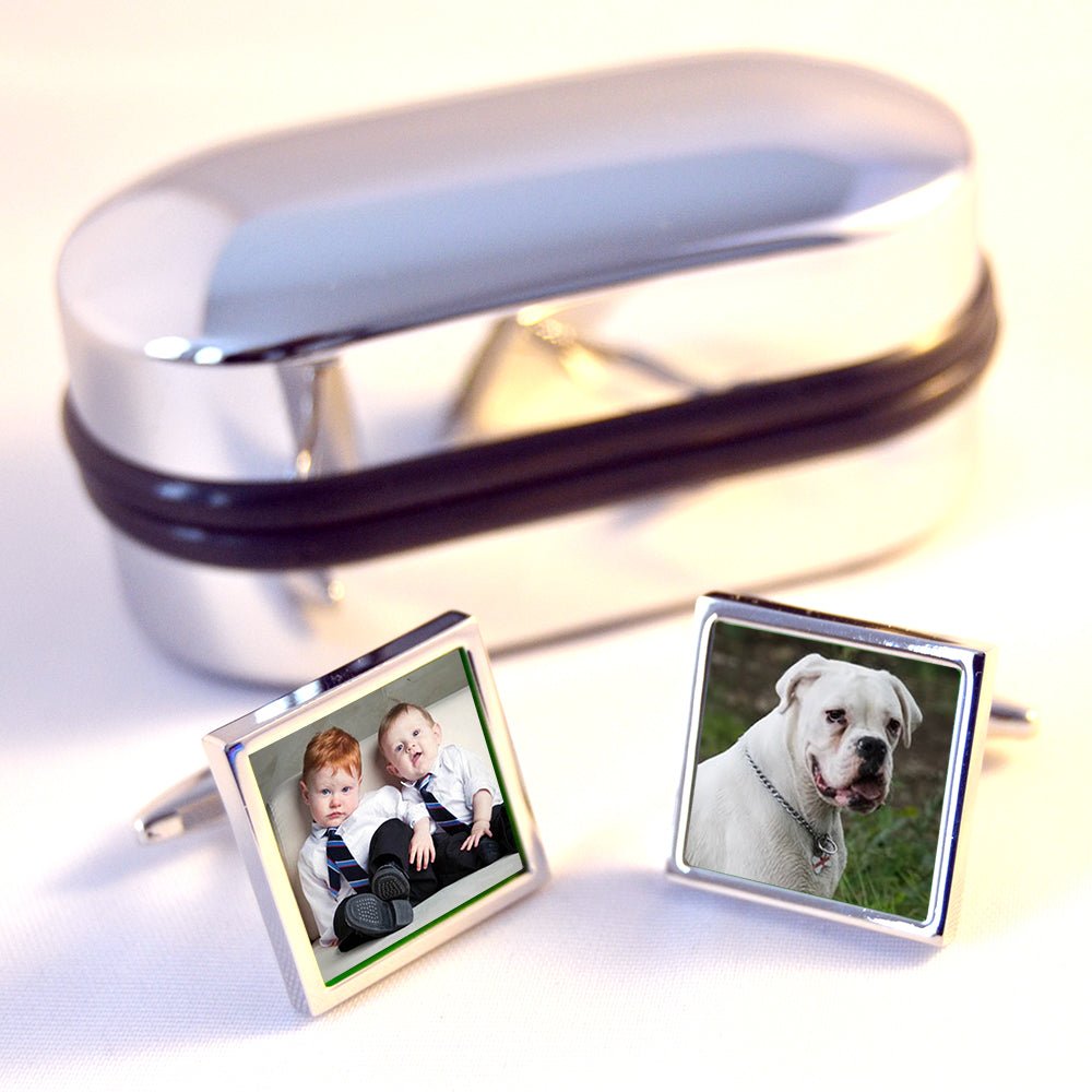 Personalized chrome cufflinks in a custom case, perfect for Father's Day, weddings, or special occasions. Engraving included.