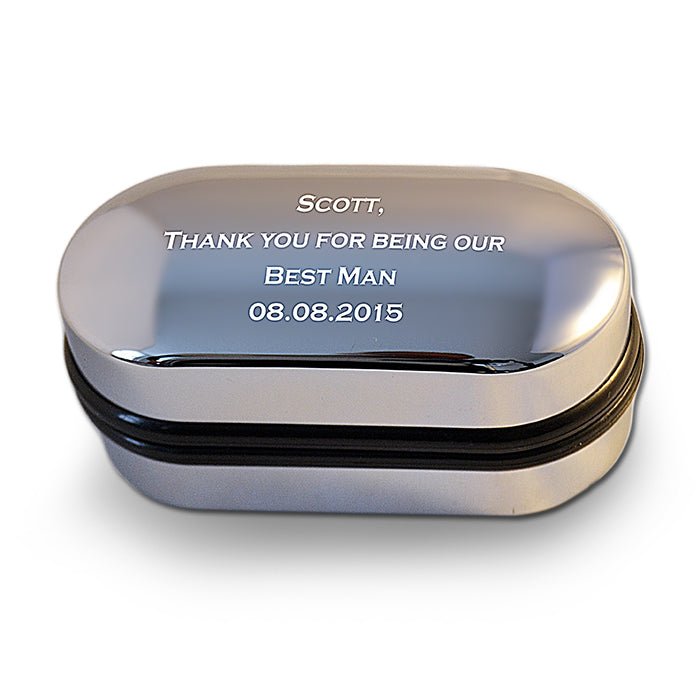Personalized chrome cufflinks in a custom case, perfect for Father's Day, weddings, or special occasions. Engraving included.