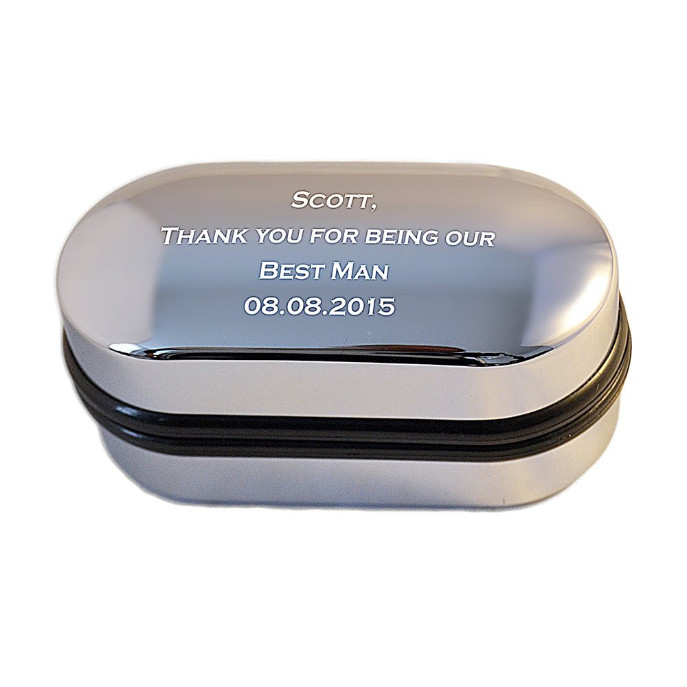 Stylish engraved cufflinks in a chrome case, perfect for weddings, anniversaries, or corporate events with free engraving offered.