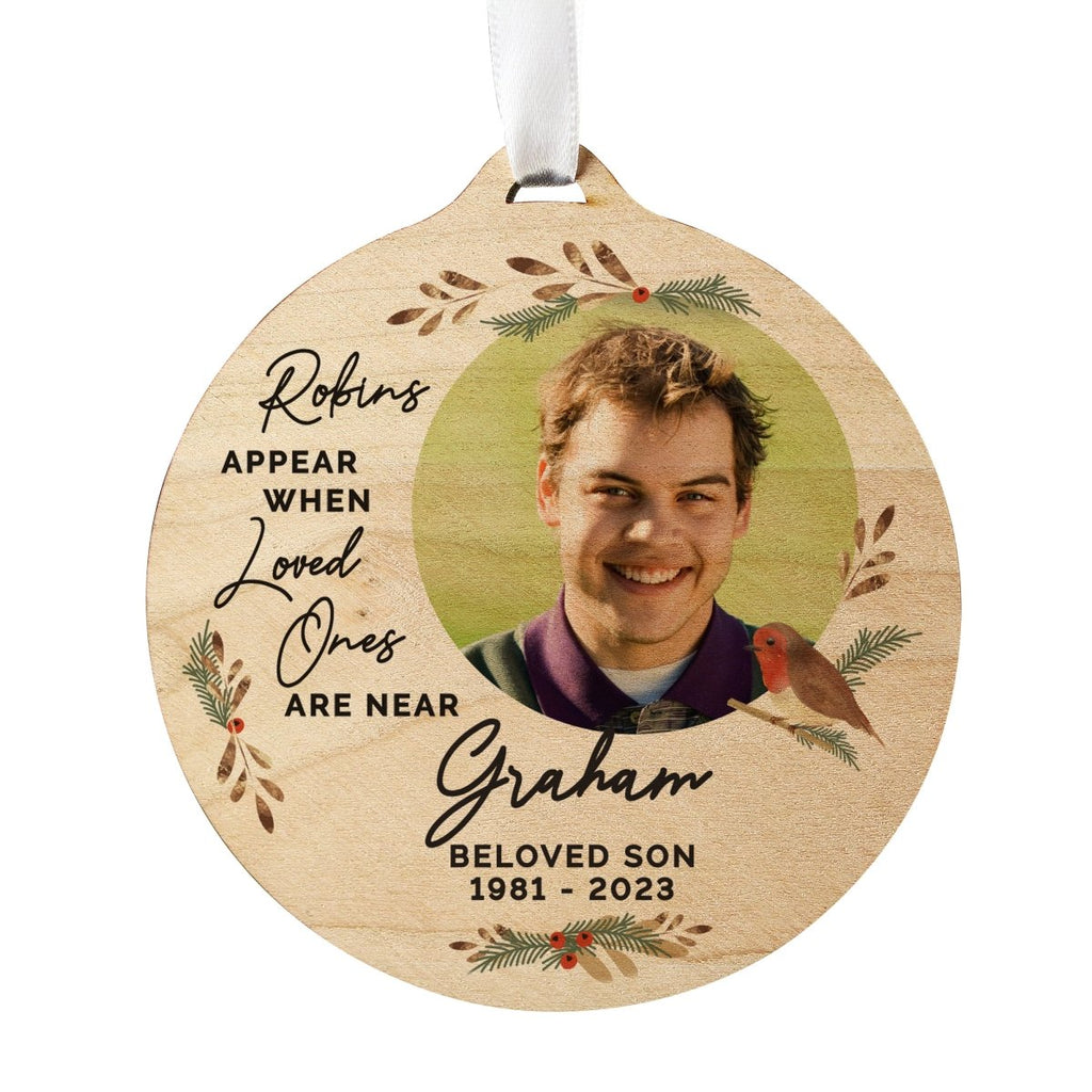 Personalised Photo Upload Robin Memorial Wooden Decoration - Engraved Memories