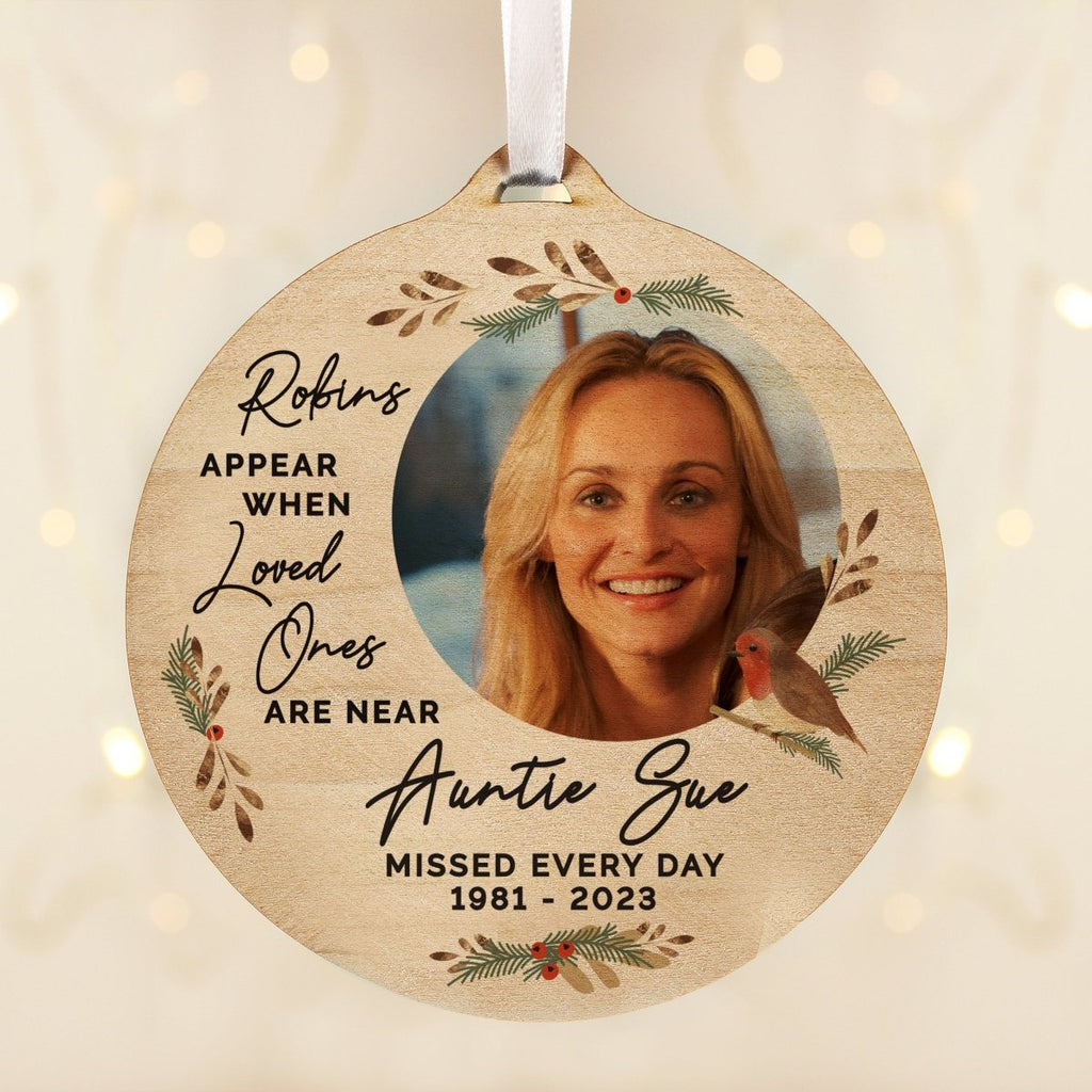 Personalised Photo Upload Robin Memorial Wooden Decoration - Engraved Memories