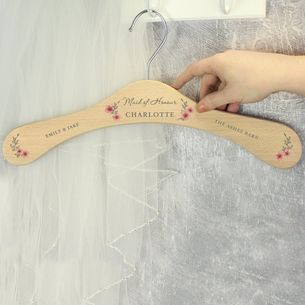 Personalised Pink Floral Wooden Hanger, Wedding Bridesmaid Gift - Engraved Memories