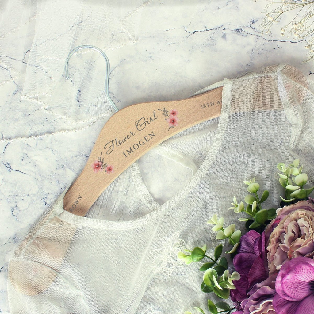 Personalised Pink Floral Wooden Hanger, Wedding Bridesmaid Gift - Engraved Memories