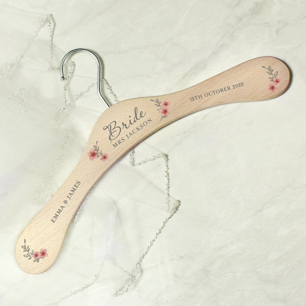 Personalised Pink Floral Wooden Hanger, Wedding Bridesmaid Gift - Engraved Memories