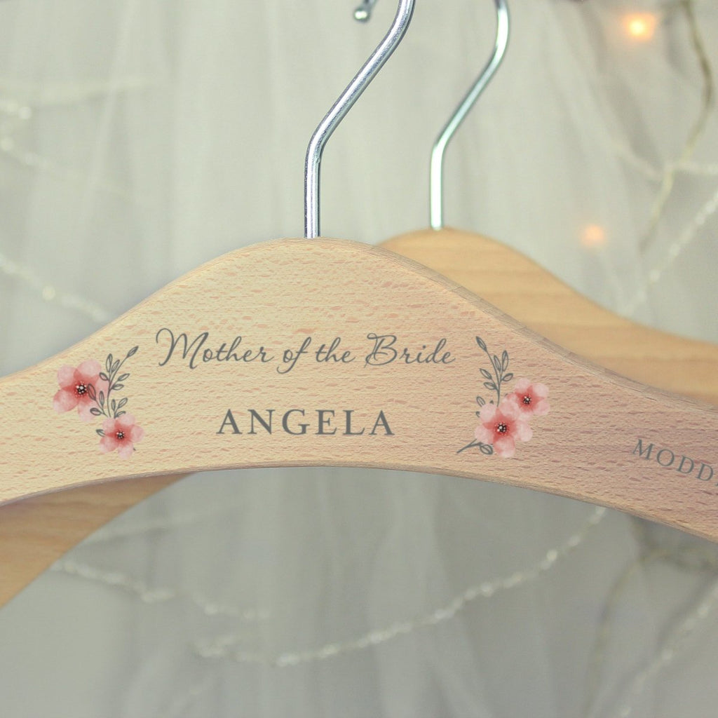 Personalised Pink Floral Wooden Hanger, Wedding Bridesmaid Gift - Engraved Memories