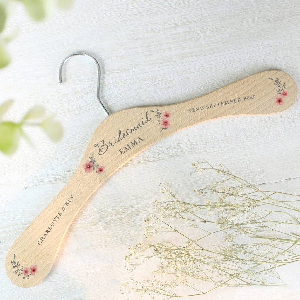 Personalised Pink Floral Wooden Hanger, Wedding Bridesmaid Gift - Engraved Memories