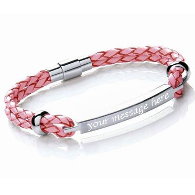 Stylish pink leather bracelet with a polished ID plate for engraving names or messages, ideal for thoughtful gifts.