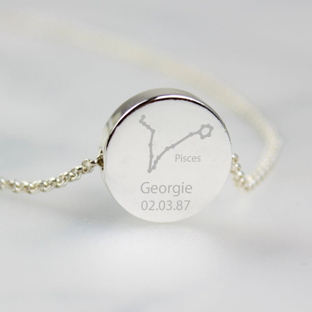 Personalised Pisces Zodiac Star Sign Silver Tone Necklace (February 19th - March 20th) - Engraved Memories