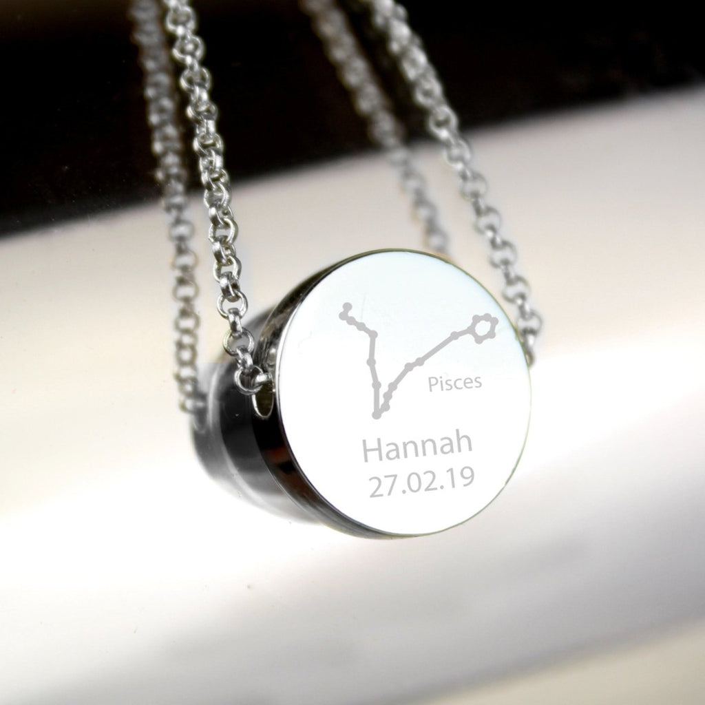 Personalised Pisces Zodiac Star Sign Silver Tone Necklace (February 19th - March 20th) - Engraved Memories