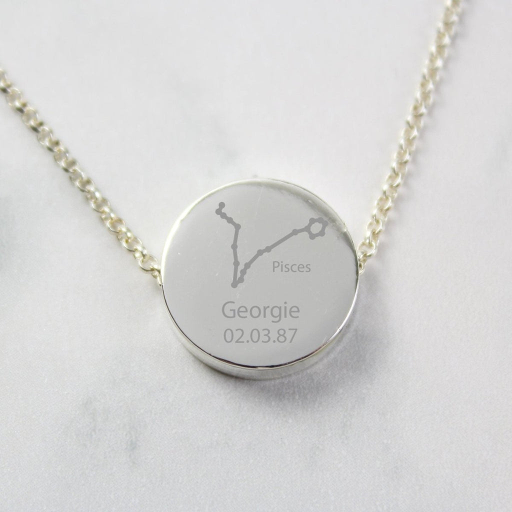 Personalised Pisces Zodiac Star Sign Silver Tone Necklace (February 19th - March 20th) - Engraved Memories