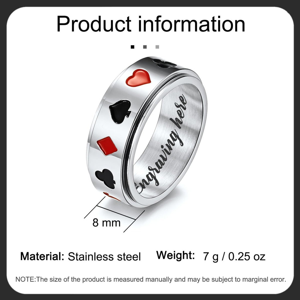 Personalized poker-themed stainless steel ring, engraved option, durable, perfect for casino lovers, 10g.