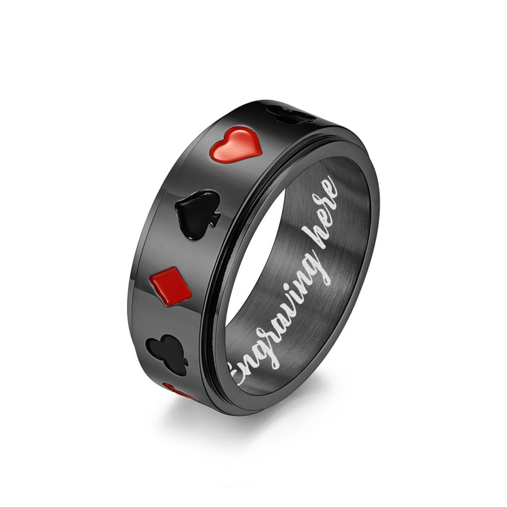 Personalized poker-themed stainless steel ring, engraved option, durable, perfect for casino lovers, 10g.