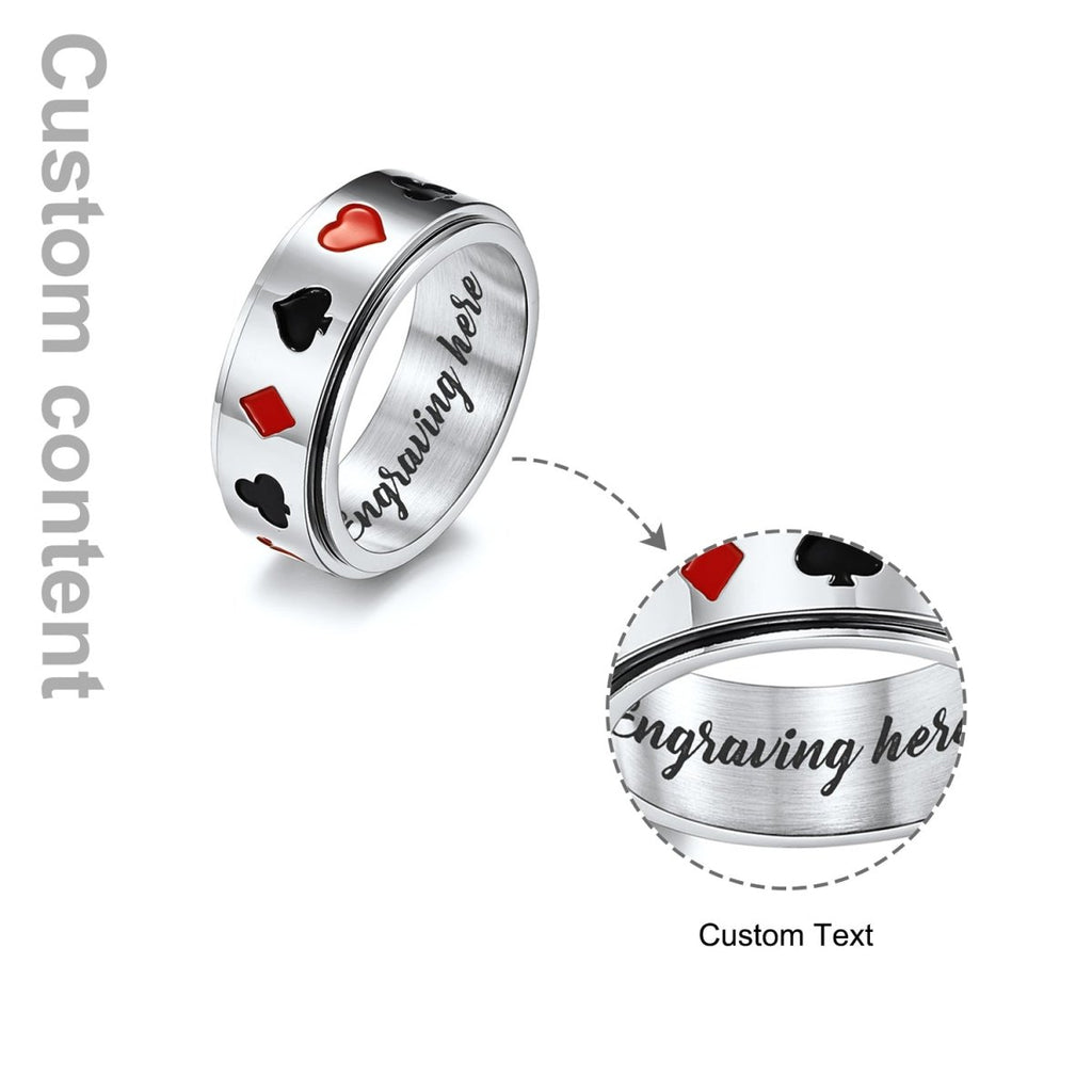Personalized poker-themed stainless steel ring, engraved option, durable, perfect for casino lovers, 10g.