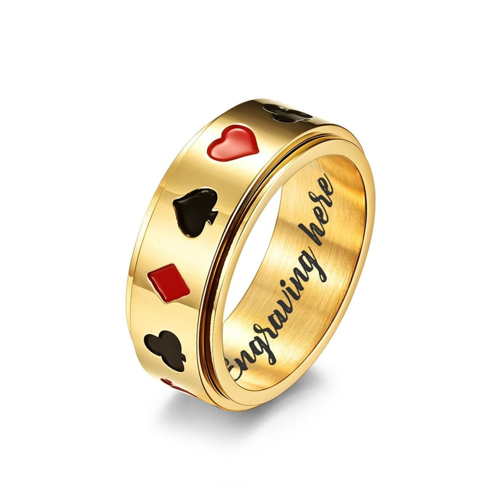 Personalized poker-themed stainless steel ring, engraved option, durable, perfect for casino lovers, 10g.