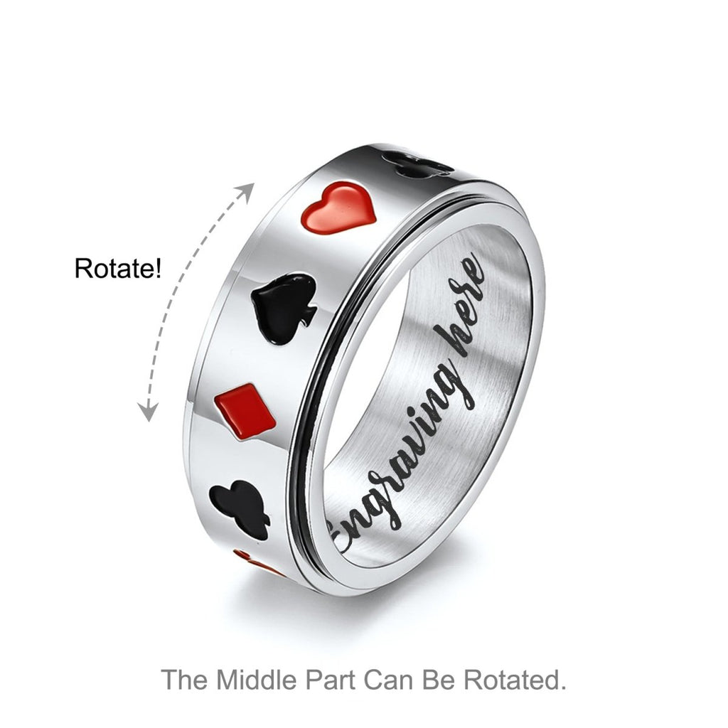 Personalized poker-themed stainless steel ring, engraved option, durable, perfect for casino lovers, 10g.