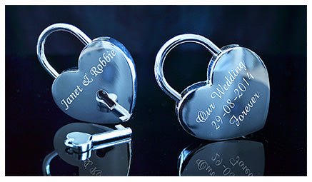 Personalized Silver Love Lock with Key, engrave text on both sides, heart-shaped, 58mm x 44mm.