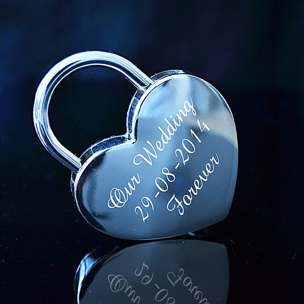 Personalized Silver Love Lock with Key, engrave text on both sides, heart-shaped, 58mm x 44mm.