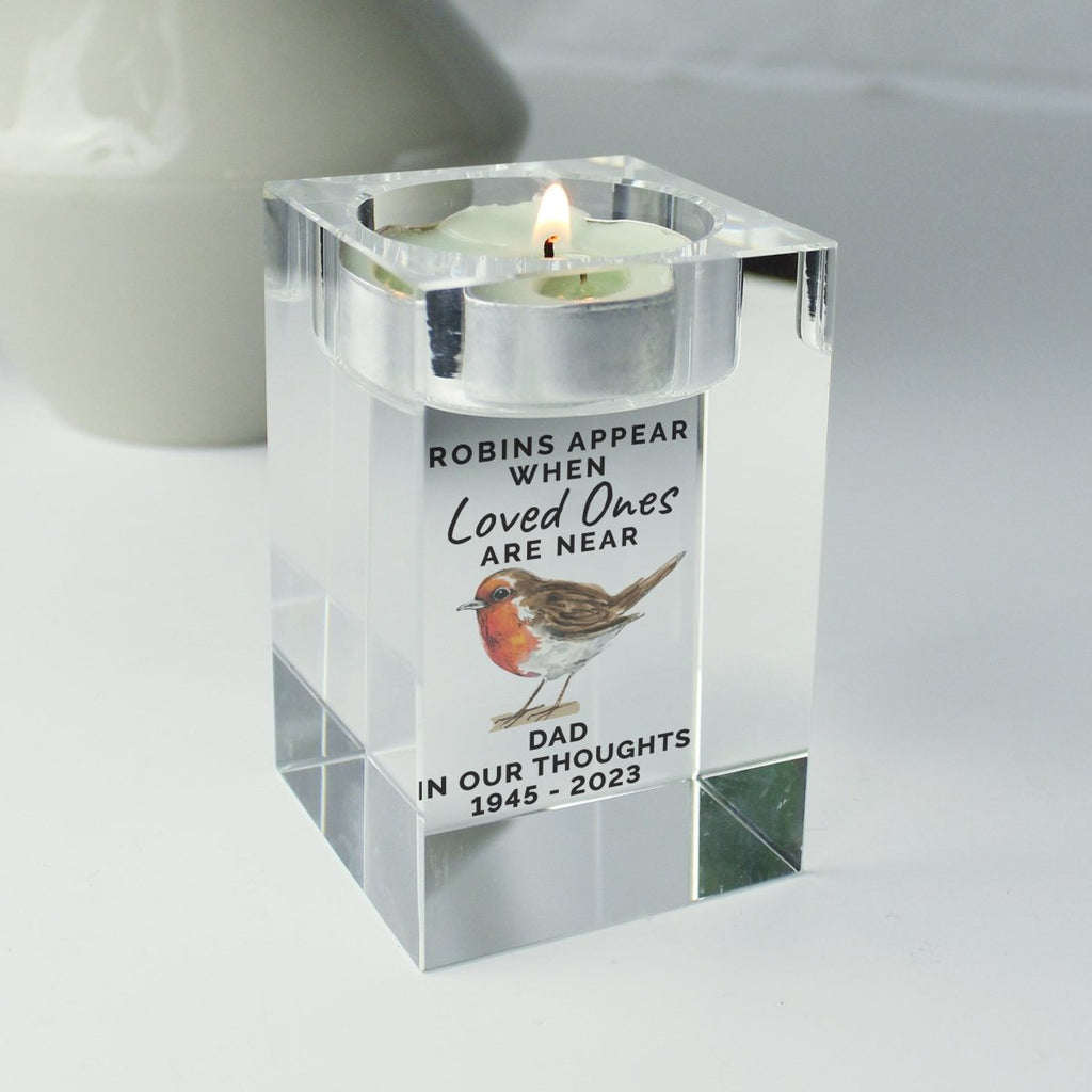 Personalised Robin Memorial Glass Tealight Holder - Engraved Memories