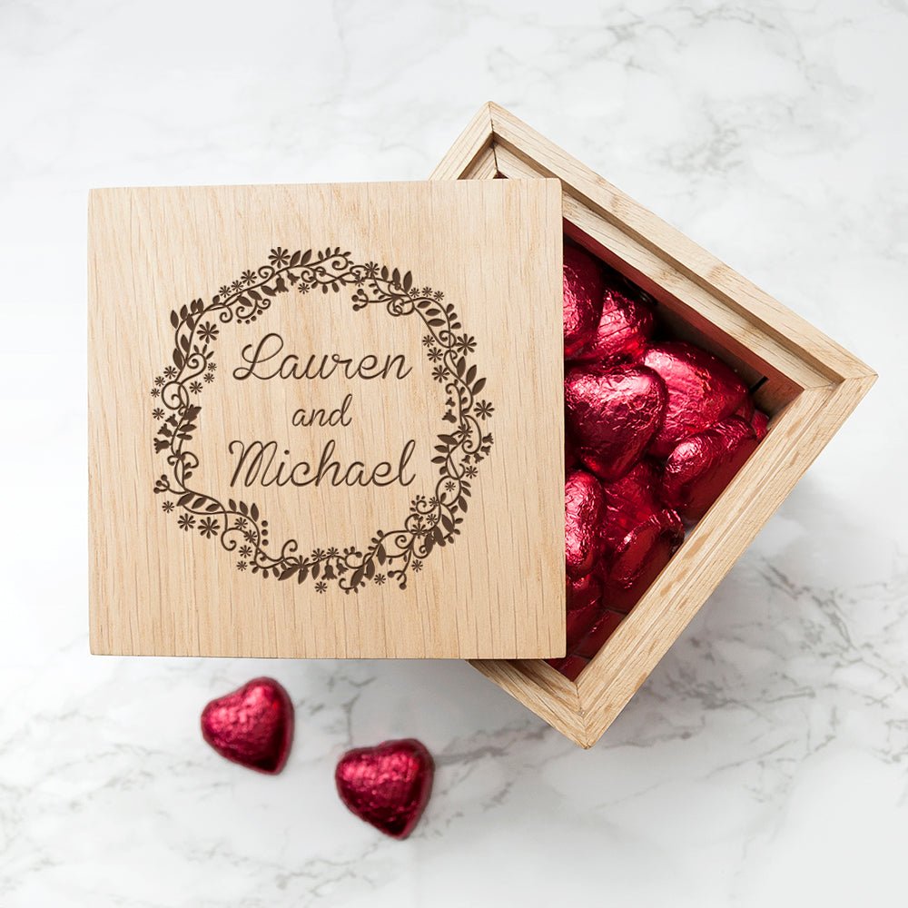 Personalised Romantic Floral Frame Oak Photo Cube - Engraved Memories