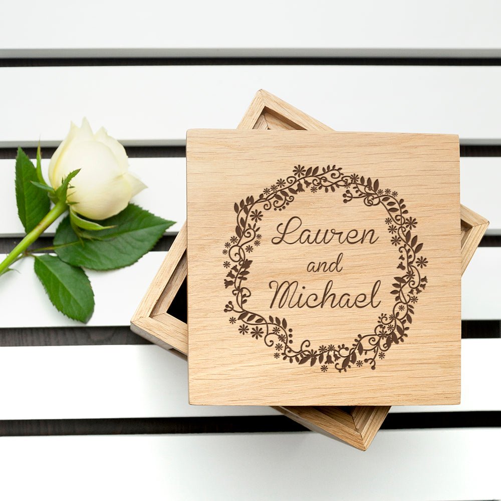 Personalised Romantic Floral Frame Oak Photo Cube - Engraved Memories