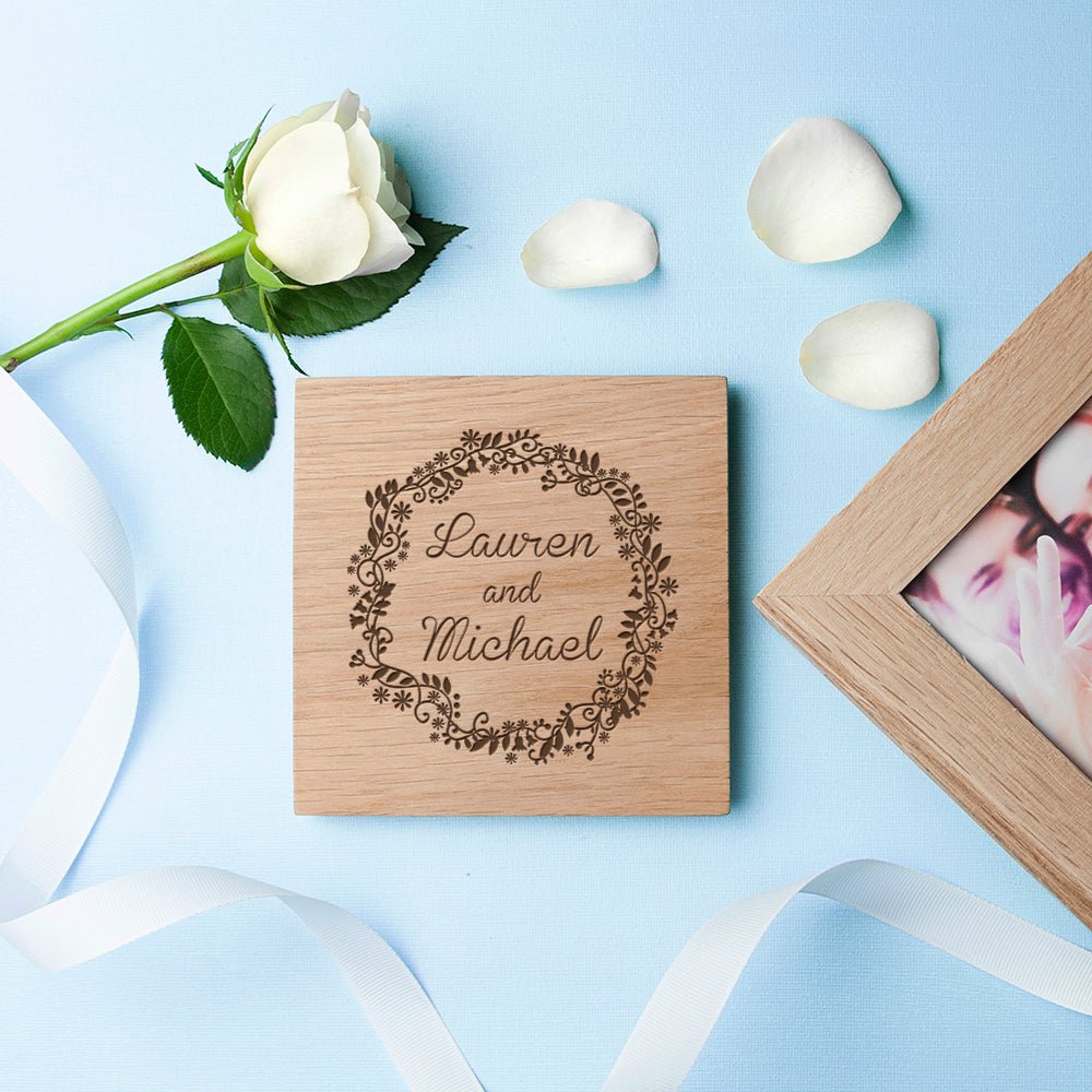 Personalised Romantic Floral Frame Oak Photo Cube - Engraved Memories