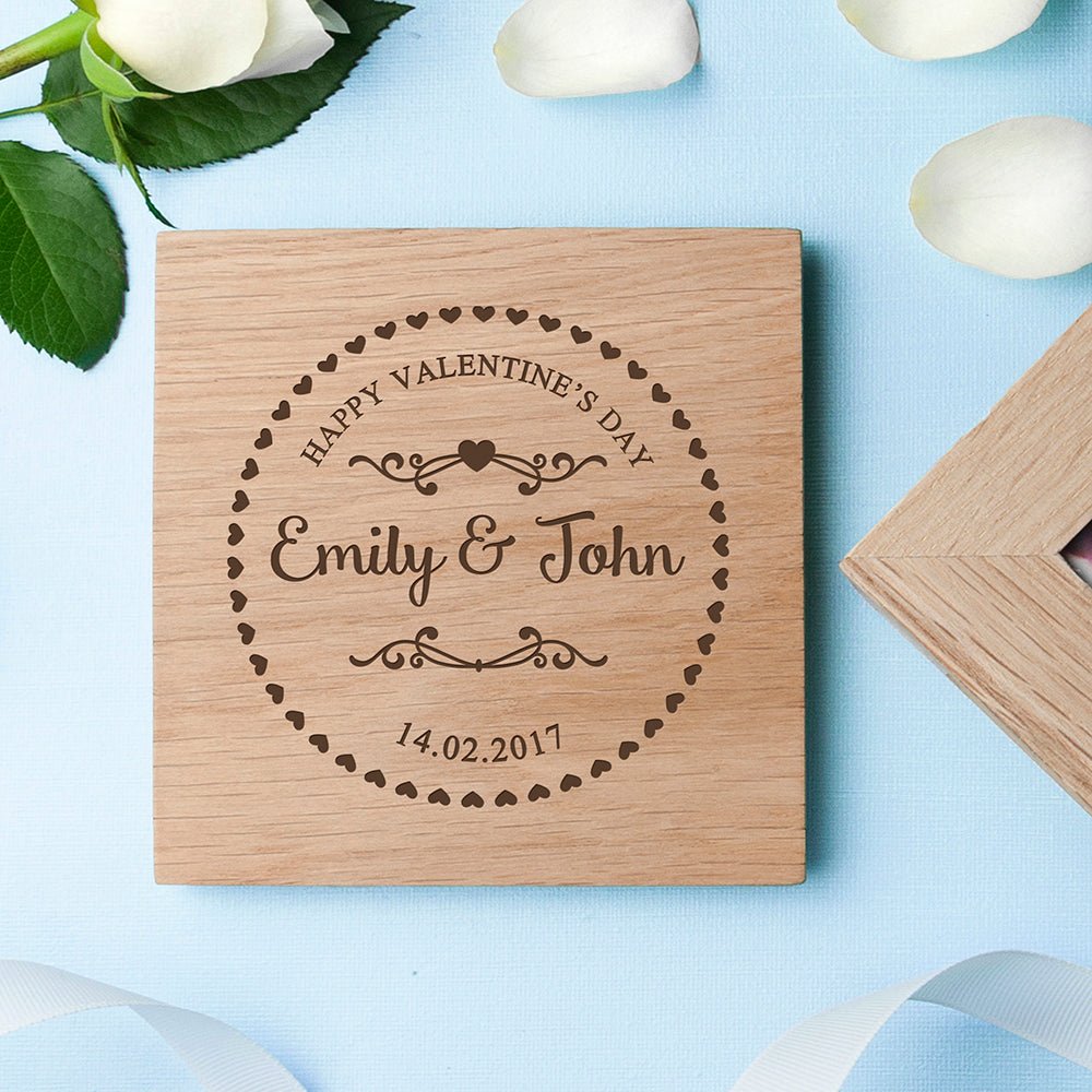 Personalised Romantic Heart Frame Oak Photo Cube - Engraved Memories