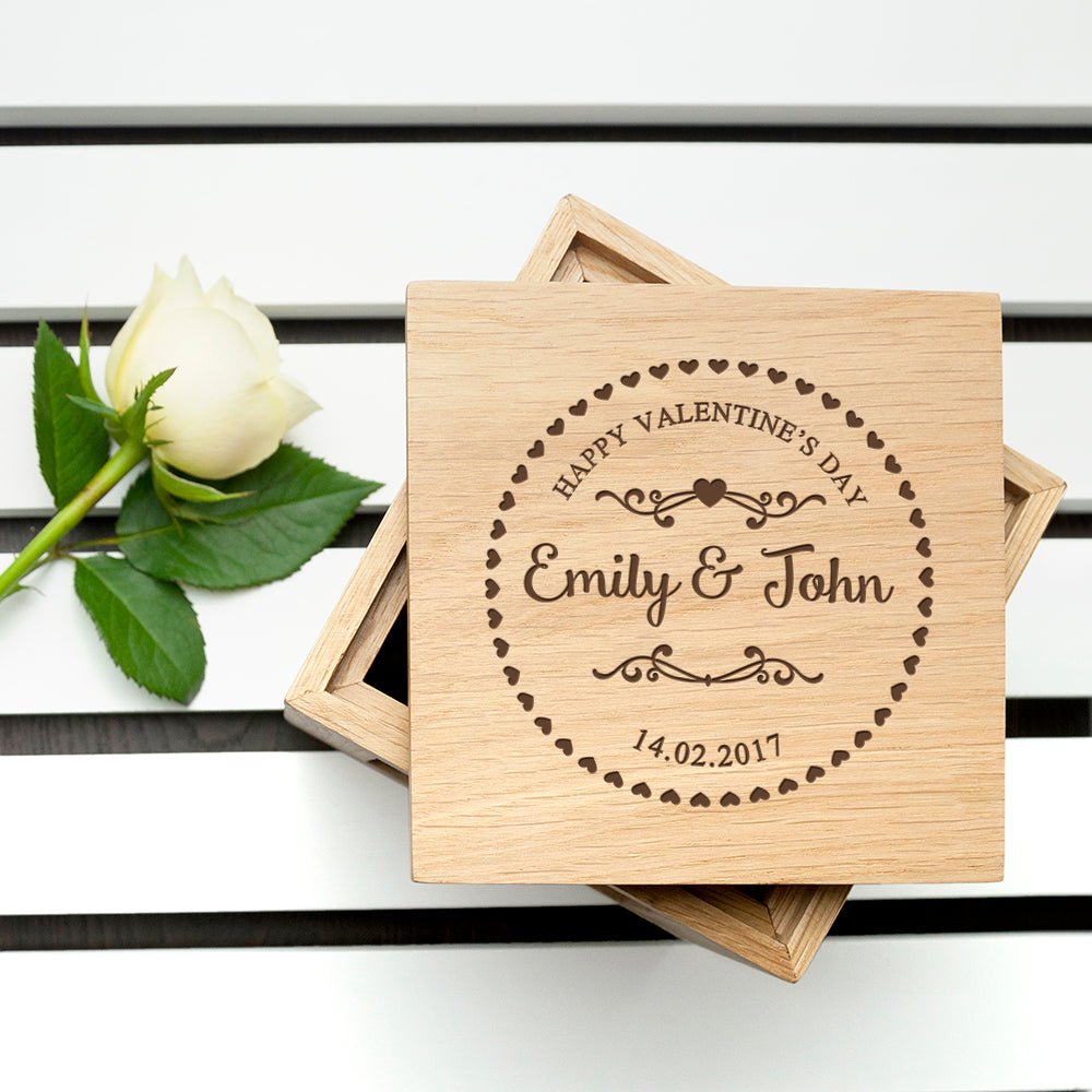 Personalised Romantic Heart Frame Oak Photo Cube - Engraved Memories