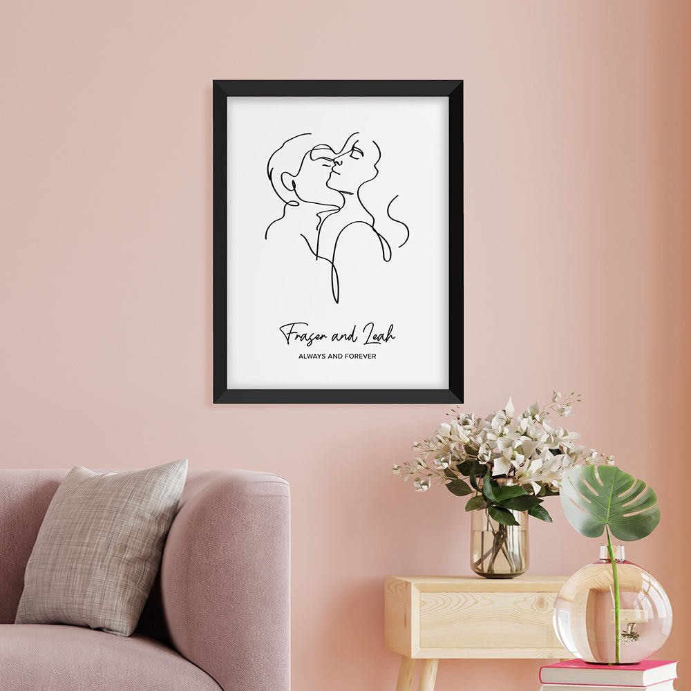 Personalised Romantic Line Art Embracing Couple Print - Engraved Memories