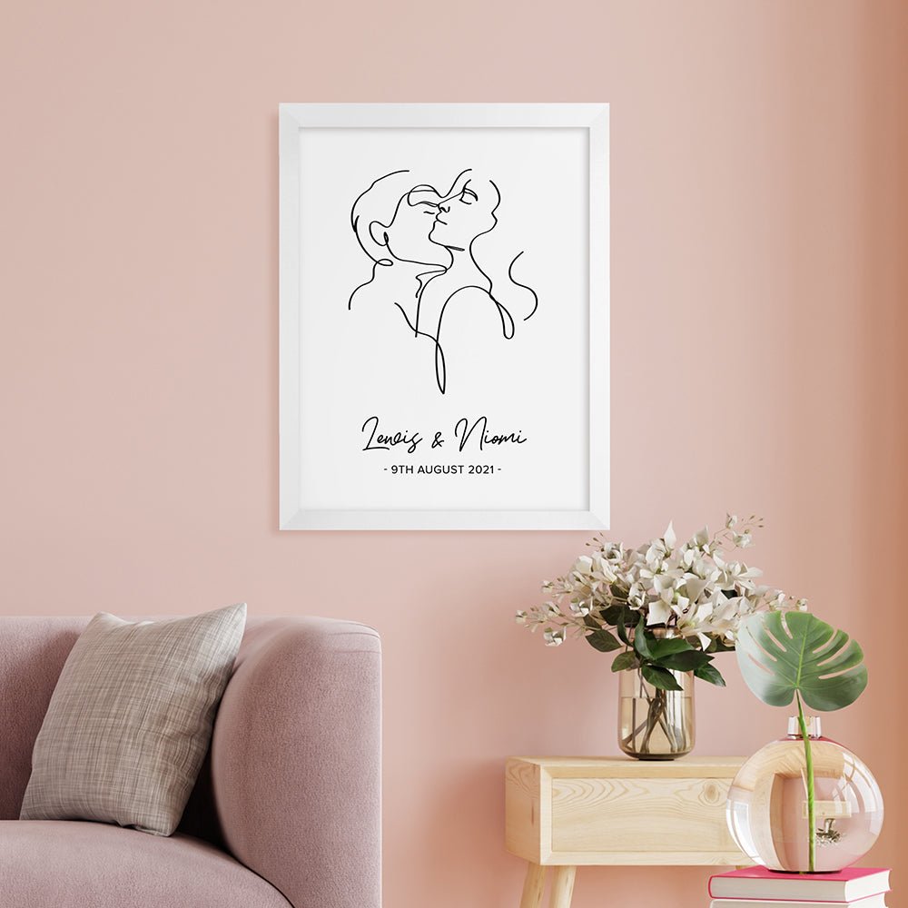 Personalised Romantic Line Art Embracing Couple Print - Engraved Memories