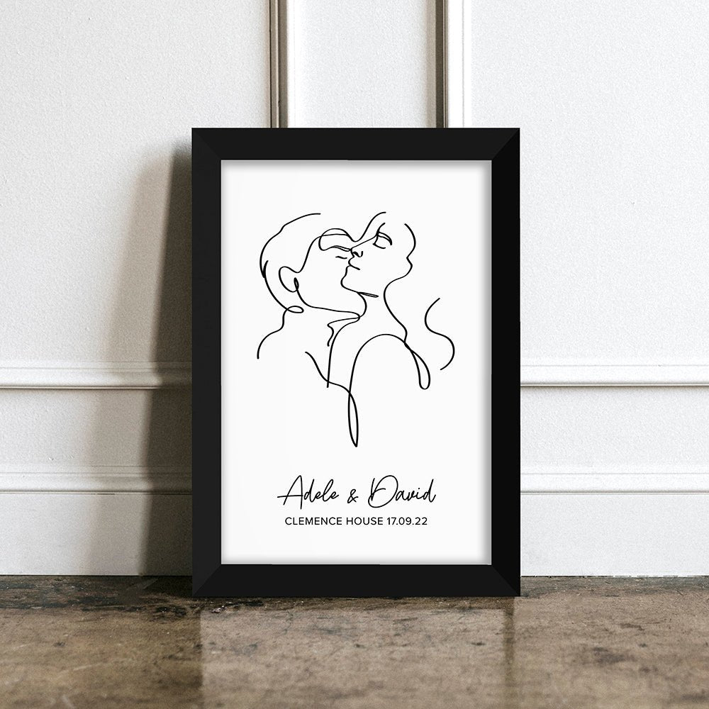 Personalised Romantic Line Art Embracing Couple Print - Engraved Memories