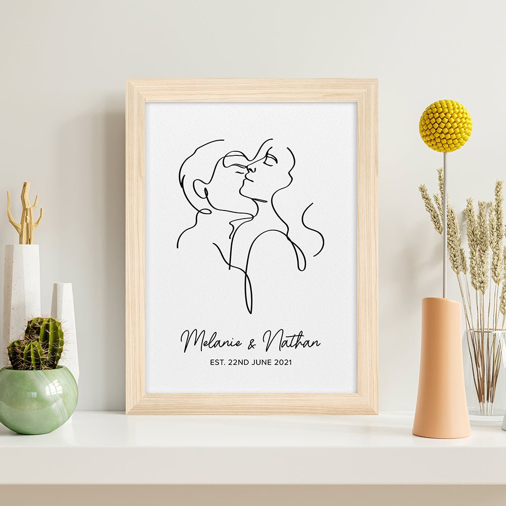 Personalised Romantic Line Art Embracing Couple Print - Engraved Memories