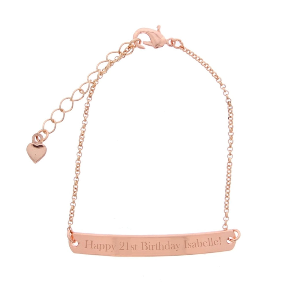 Personalized rose gold-tone bar bracelet, custom engraving up to 30 characters, fits 18.2-22.2cm wrists.
